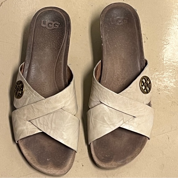 UGG Shoes Ugg Wedge Sandals Lyra Cream Logo Charm Cork Heel Slip On